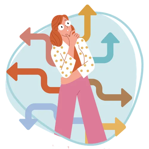 young woman with arrows around her pointing in all directions