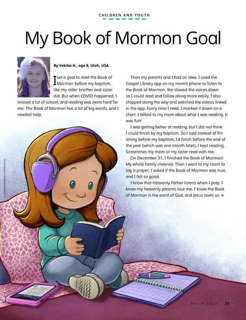 Article PDF with image of girl wearing headphones while reading the scriptures on her bed
