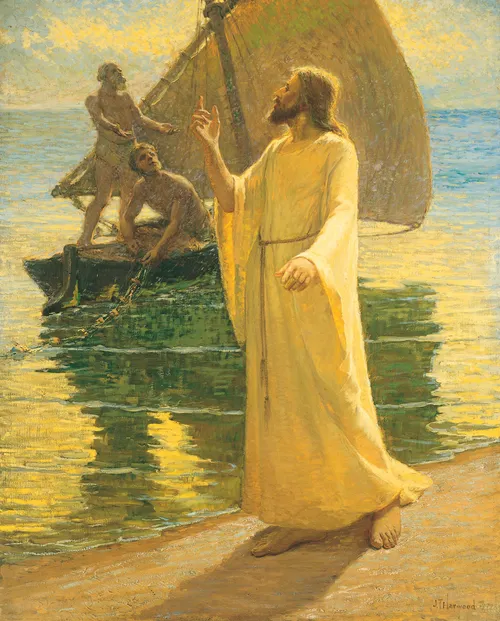 Jesus Christ in a white robe, walking barefoot along the water, calling out to two fishermen in a nearby sailboat.