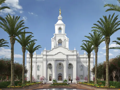 Palm trees lining the sidewalks leading to the Tijuana Mexico Temple on a sunny day.