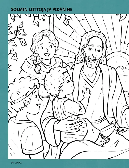 PDF-värityskuva, jossa Jeesus Kristus ja lapsia