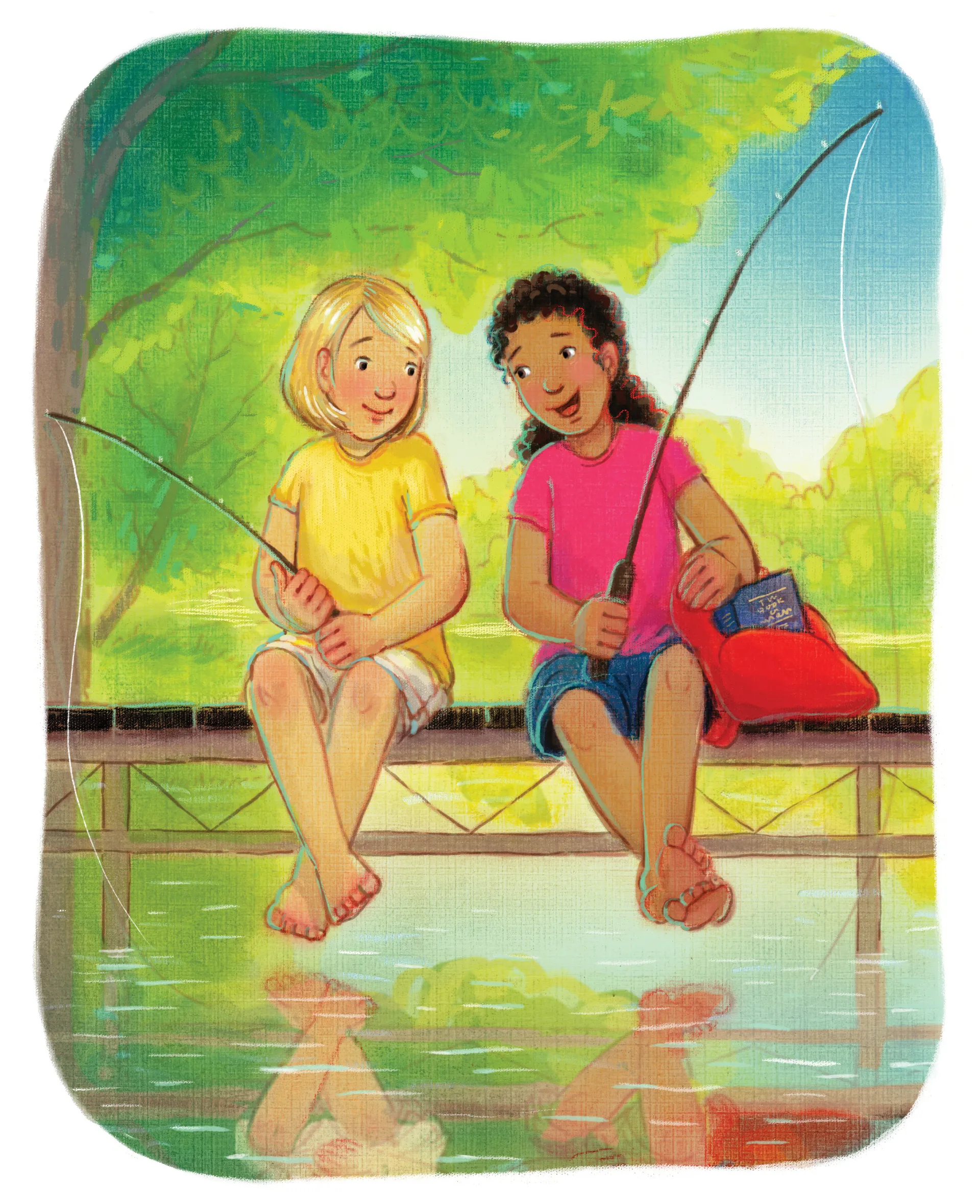 Two girls sit on a pier and fish together.