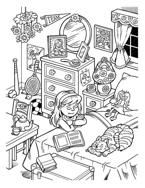 An illustration of a young girl kneeling by her bed at night amid sporting equipment and toys.