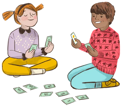 Panel 3 SPOT 1: Hand folding a strip of paper and includes small origami stars. SPOT 2: A boy holding a backpack with rocks in it. SPOT 3: Boy and girl holding little cards and playing a matching game together. SPOT 4: Girl ringing a bell. Illustrations reference to a program that the kids can put on about symbols that represent Christ.