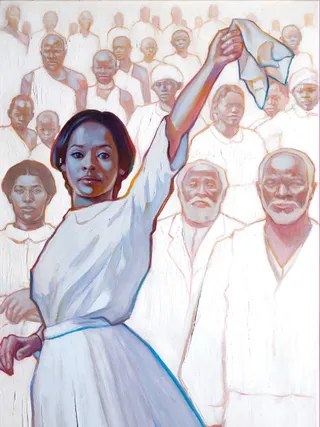 a woman waving a white handkerchief