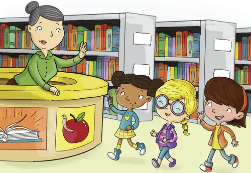 Three girls waving to a librarian