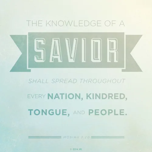 A light blue and green background with the words of Mosiah 3:20 printed over the top.