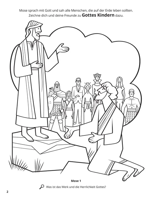 PDF/Ausmalbild: Mose spricht mit Gott und sieht in einer Vision viele Menschen