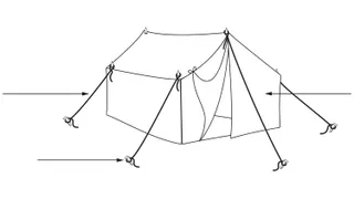 Tent with cords and stakes.