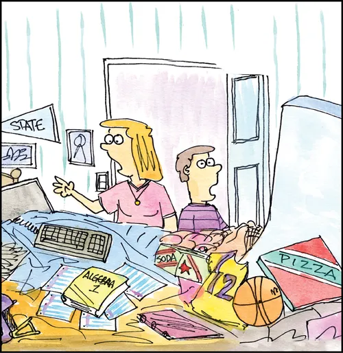 Boy on phone, mom baking cake