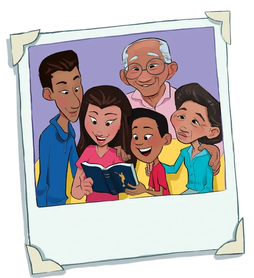 a family reading a Book of Mormon
