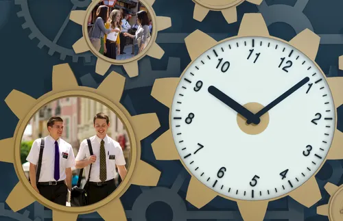gears, clock, and photos of missionaries
