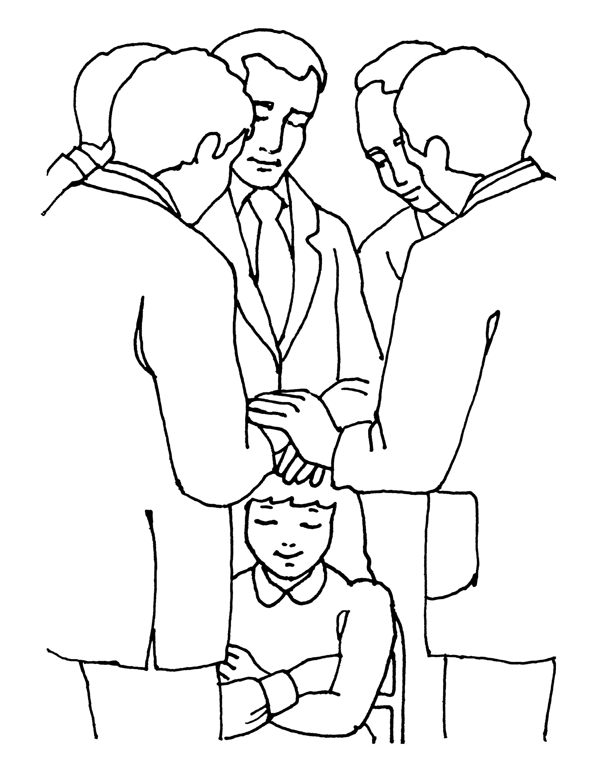 A young girl receives a priesthood blessing from five priesthood holders.