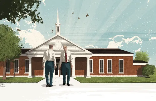 man coming and going from church