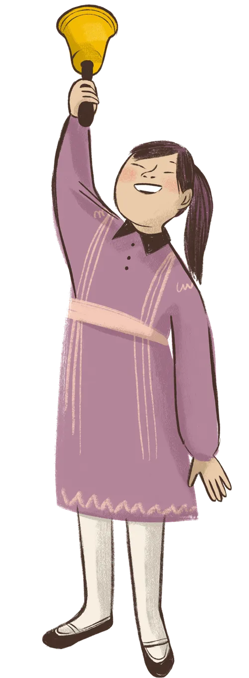 Panel 4 SPOT 1: Hand folding a strip of paper and includes small origami stars. SPOT 2: A boy holding a backpack with rocks in it. SPOT 3: Boy and girl holding little cards and playing a matching game together. SPOT 4: Girl ringing a bell. Illustrations reference to a program that the kids can put on about symbols that represent Christ.