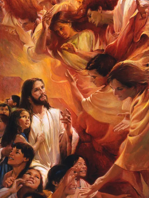 天使環繞著耶穌和尼腓人的小孩