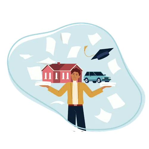 young man, papers, house, car