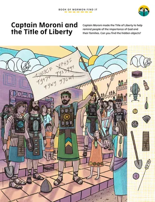 Illustrated scene of Moroni holding the title of liberty, surrounded by people