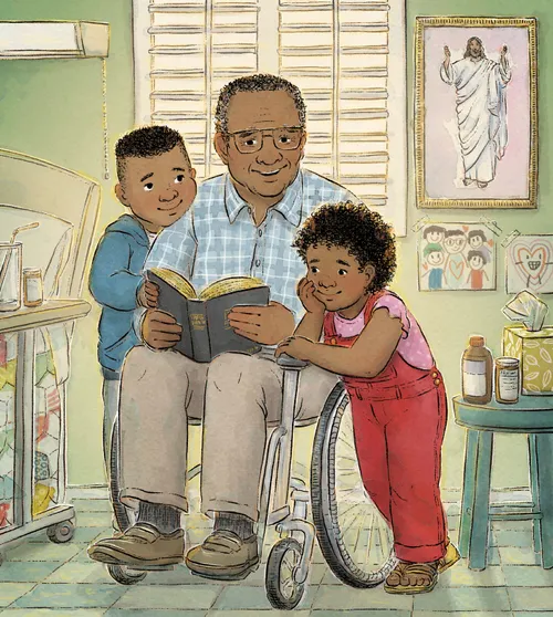 A boy and girl visit with their Grandfather inside a nursing home. The older man is sitting in a wheelchair and is reading the scriptures to his grandchildren.