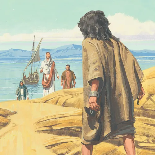 Jesus walking toward man