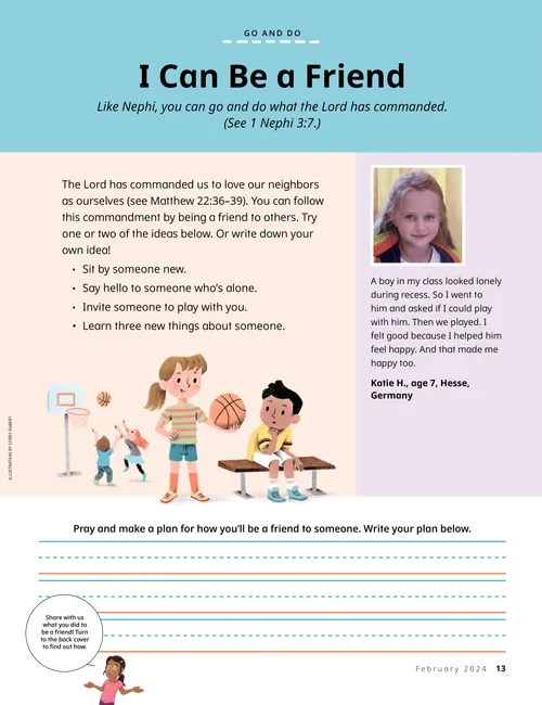 Article PDF with image of a girl inviting a boy to play basketball with other children