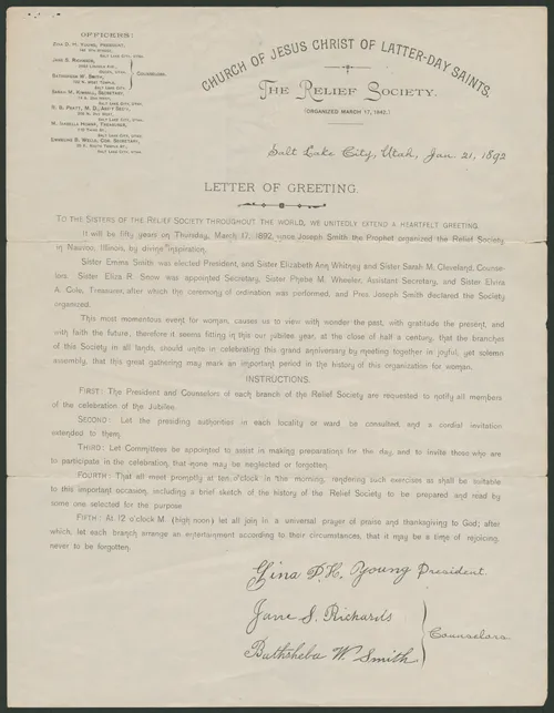 Instructions regarding Relief Society Jubilee