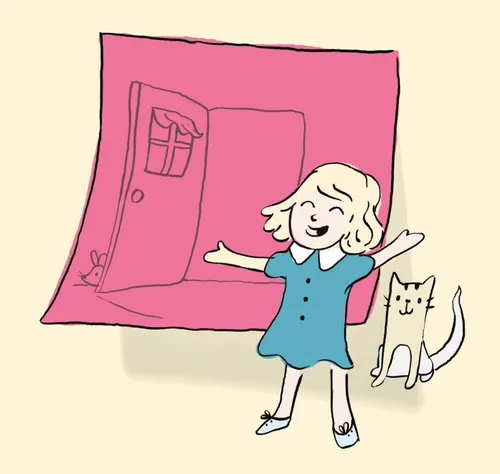 Smiling girl with cat in front of door