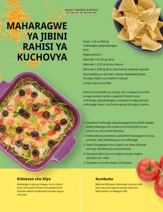 Ukurasa PDF wa bakuli ya chipsi za tortilla, kikaango chenye maharagwe ya kuchovya, na nyanya
