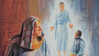 Joseph of Egypt having a vision of Joseph Smith receiving the gold plates from the Angel Moroni.
