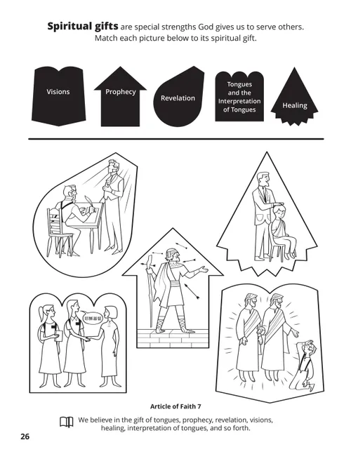 A matching game of spiritual gifts with corresponding line images depicting revelation, visions, prophecy, healing and tongues.