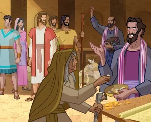 Jesus sees people exchanging money in the temple.