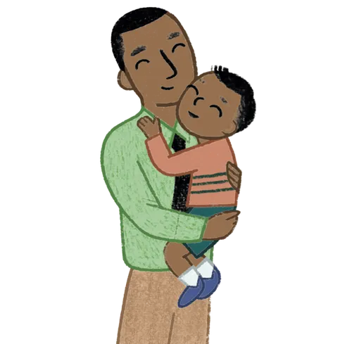 Smiling man holding his smiling young son