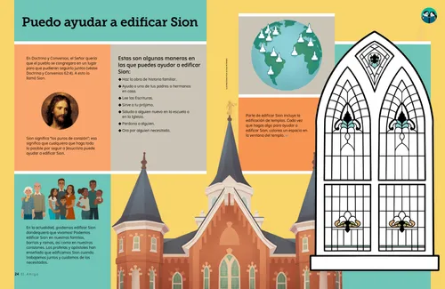 Página en PDF con ilustraciones de Jesucristo, un templo, familias y templos repartidos por un globo terráqueo; además de una actividad para colorear vitrales
