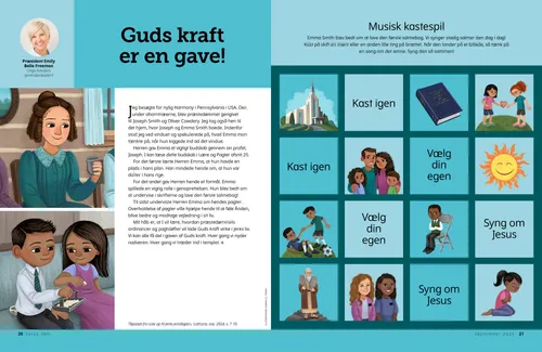 Illustrationer af Emma Smith, der holder et bæger, en dreng og pige, der tager nadveren, og et kastespil om musik