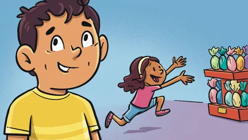 Closeup of Paulo. In the background, Margo runs toward a display of chocolate eggs.