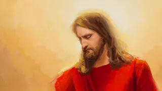 "He Comes Again to Rule and Reign" by Mary R. Sauer. Jesus Christ is descending to Earth at his Second Coming. There are men, women, and children surrounding him. He is wearing a red robe and is looking down at those who are gathering.