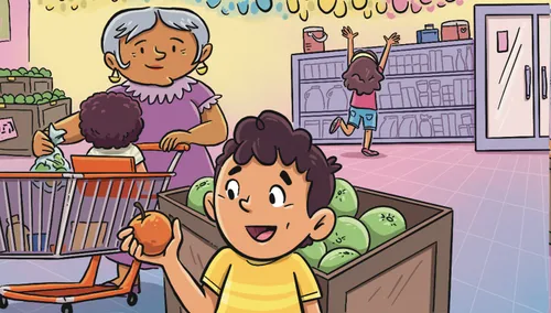 Paulo holds up an orange. In the background, Margo tries to jump up and grab a hanging chocolate egg.