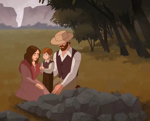 A family kneeling beside a grave.