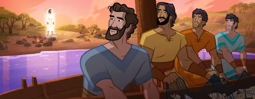 The Apostles trying to pull the net full of fish into the boat.