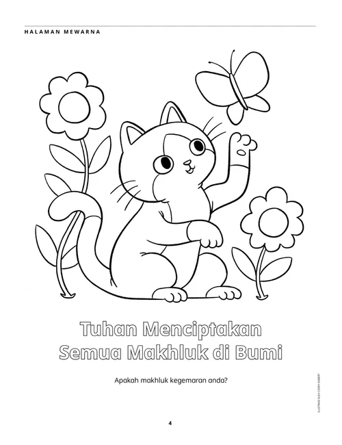 Halaman PDF aktiviti mewarna kucing, rama-rama dan bunga
