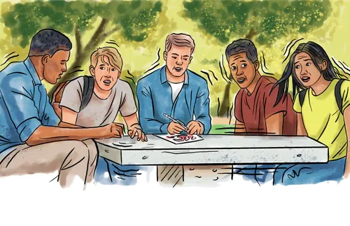 illustration of a group experiencing an earthquake at a table