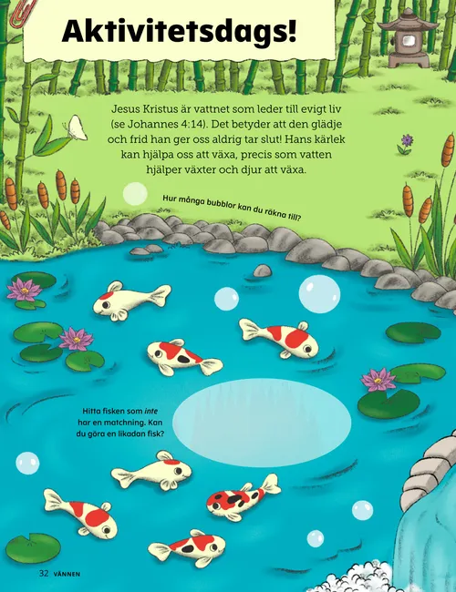 Pdf-sida med aktivitetsillustrationer av fiskar i en damm, en groda, bäckar och näckrosor.