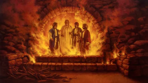 Shadrach, Meshach, and Abed-nego saved in the fiery furnace.