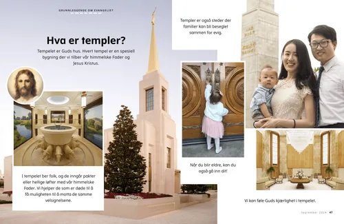 PDF-side med en familie utenfor et tempel, en døpefont i tempelet, et celestialt rom i et tempel, og en ung jente ved dørene til et tempel
