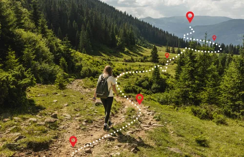 a young woman following a path through the mountains