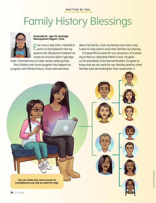 Illustration of a girl and her mom looking at a laptop computer, with separate images of their ancestors on a family tree