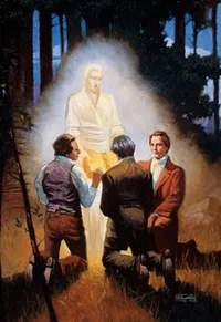 ipinapakita ng isang anghel ang mga laminang ginto kina Joseph Smith, Oliver Cowdery, at David Whitmer