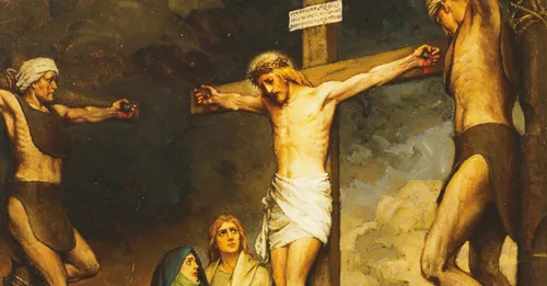 Jesus Christ and the two thieves depicted during the Crucifixion. The Apostle John is standing below the cross of Christ. Mary, the mother of Christ is standing beside John. Two other women are kneeling at the base of the cross. There are Roman soldiers and Jews standing in the background.