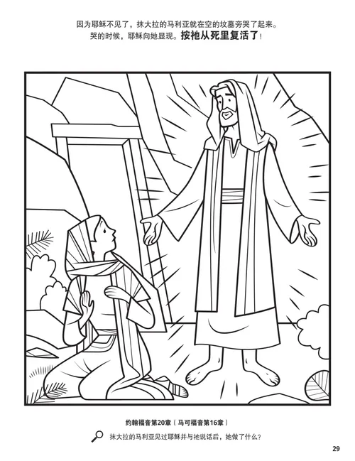 着色页PDF：复活的耶稣基督在空坟外向马利亚显现