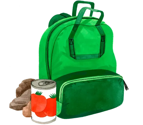 A backpack with a can of vegetables and some rocks